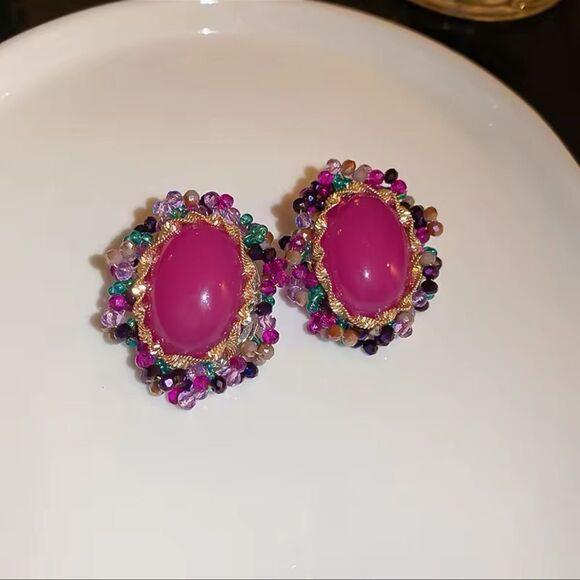 Vibrant Pink Oval Stud Earrings with Multi Color Crystal Details - Picture 2 of 8